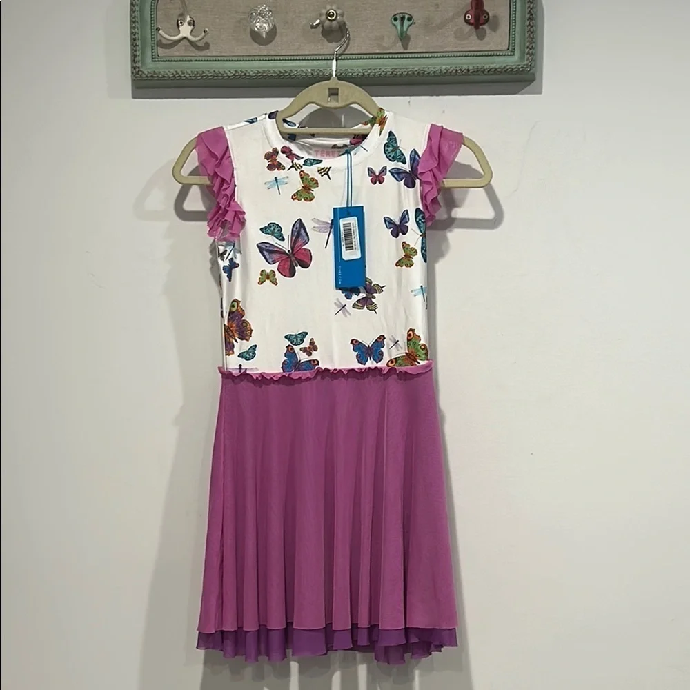Terez garden butterfly dragon fly mesh active dress with ruffle cap sleeve 7/8